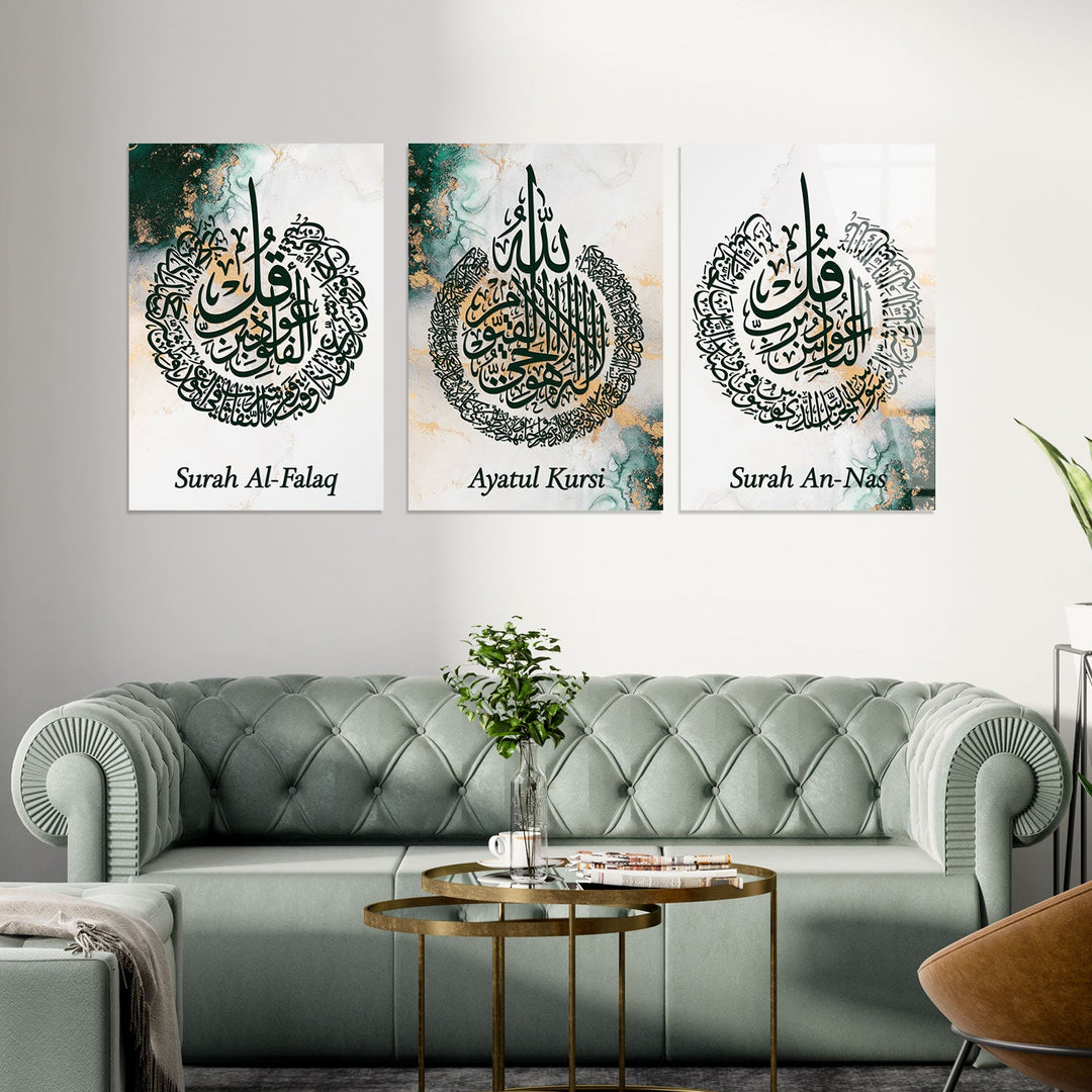 Set of 3 Ayatul Kursi, Surah An-Nâs and Al-Falaq Glass Islamic Wall Art - WTC008
