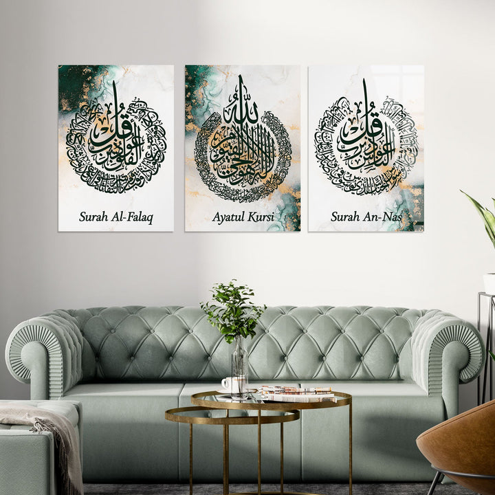 Set of 3 Ayatul Kursi, Surah An-Nâs and Al-Falaq Glass Islamic Wall Art - WTC008