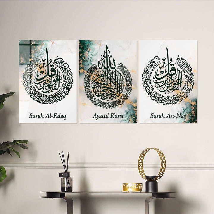 Set of 3 Ayatul Kursi, Surah An-Nâs and Al-Falaq Glass Islamic Wall Art - WTC008