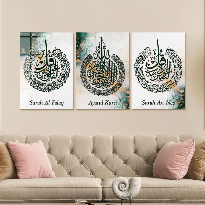 Set of 3 Ayatul Kursi, Surah An-Nâs and Al-Falaq Glass Islamic Wall Art - WTC008