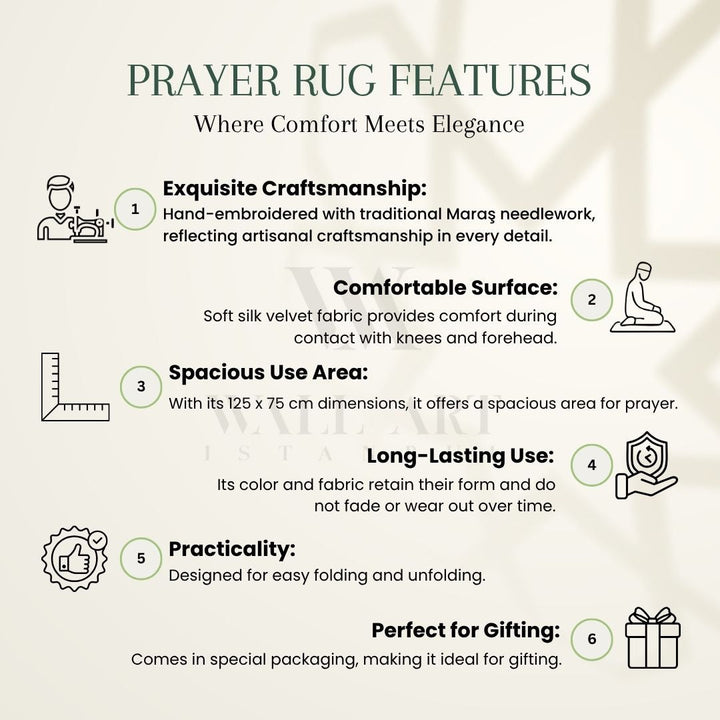 Cream Velvet Islamic Prayer Rug with Silver Embroidery – WAS018