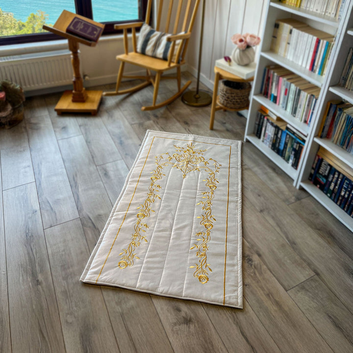 Cream Velvet Islamic Prayer Rug with Gold Embroidery – WAS014