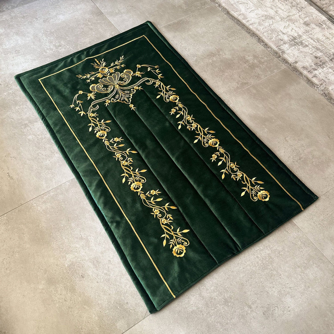 Green Velvet Islamic Prayer Rug with Gold Embroidery – WAS017