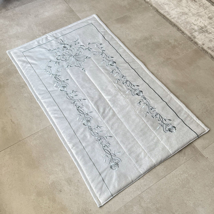 Cream Velvet Islamic Prayer Rug with Silver Embroidery – WAS018