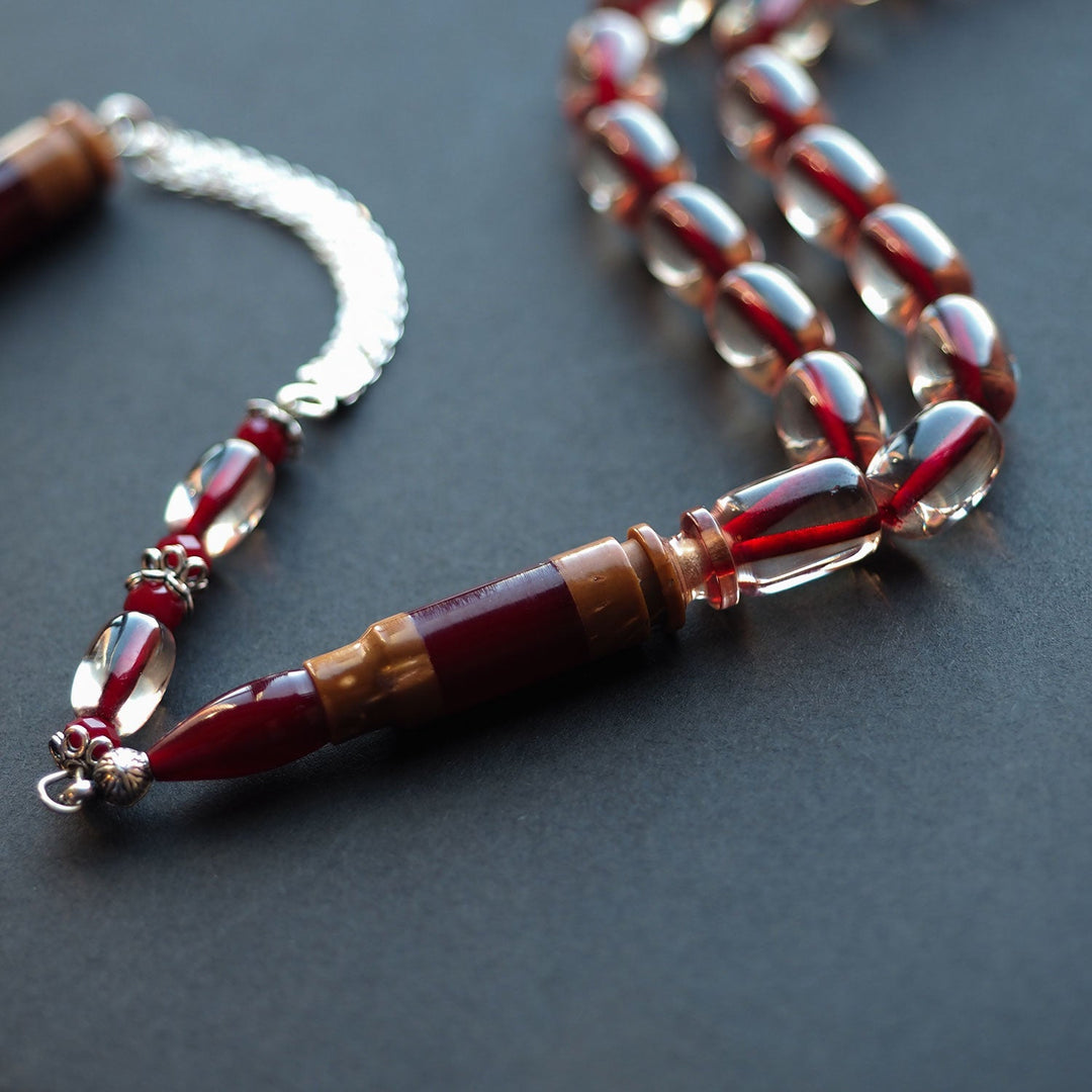 Fire Amber Tasbeeh with Special Silver & Kuka Wood Tassel – WATD153