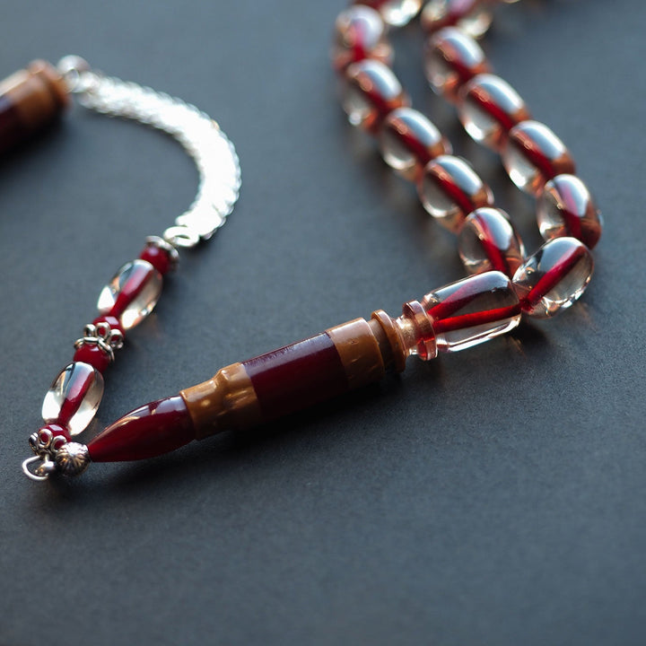 Fire Amber Tasbeeh with Special Silver & Kuka Wood Tassel – WATD153