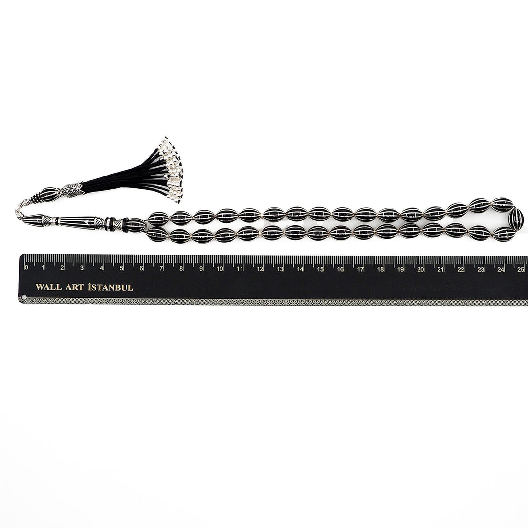 Master-Crafted Genuine Oltu Stone Tasbeeh with Oval Cut and Silver Inlay – WATD363