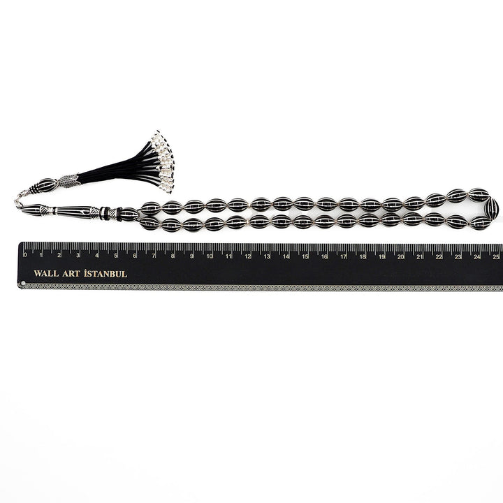 Master-Crafted Genuine Oltu Stone Tasbeeh with Oval Cut and Silver Inlay – WATD363