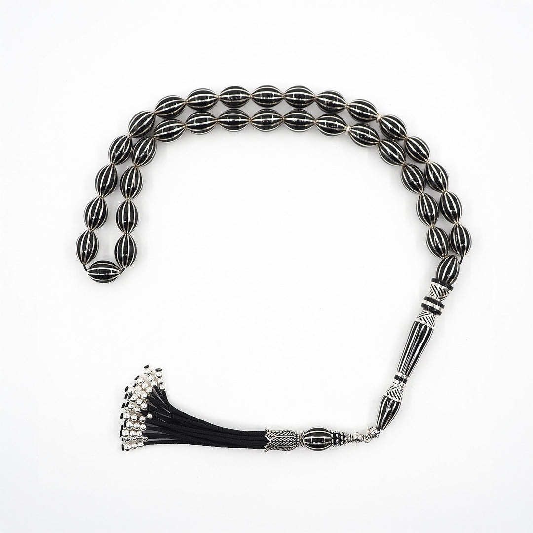Master-Crafted Genuine Oltu Stone Tasbeeh with Oval Cut and Silver Inlay – WATD363