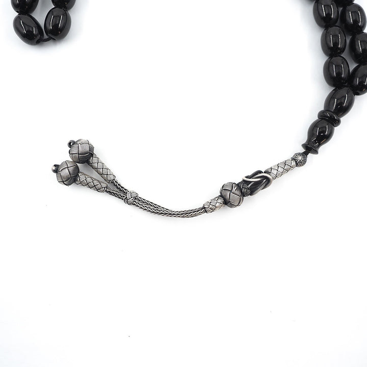 Premium Plain Oltu Stone Tasbeeh Featuring an Antique-Style Silver Kazaz Tassel – WATD401