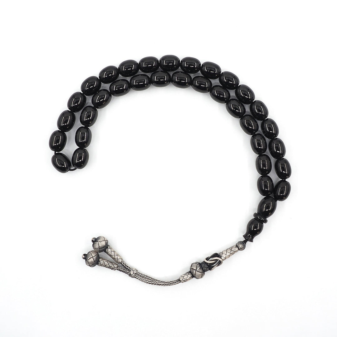 Premium Plain Oltu Stone Tasbeeh Featuring an Antique-Style Silver Kazaz Tassel – WATD401
