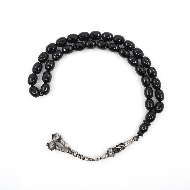 Premium Plain Oltu Stone Tasbeeh Featuring an Antique-Style Silver Kazaz Tassel – WATD401