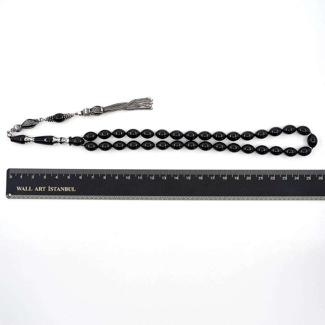 Premium Oltu Stone Tasbeeh Featuring Oval Cut Beads & Silver-Engraved Tassel – WATD402