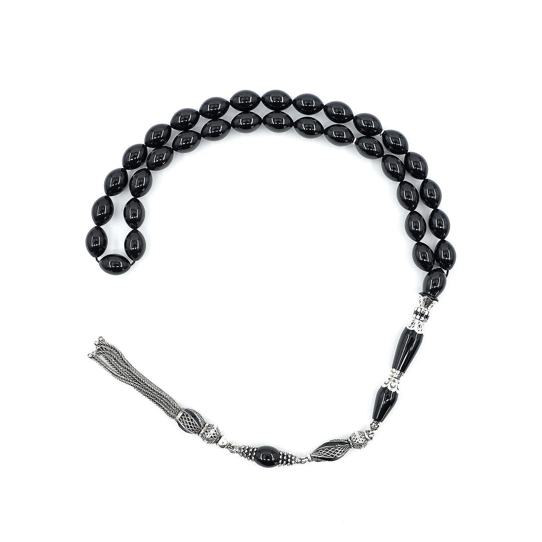 Premium Oltu Stone Tasbeeh Featuring Oval Cut Beads & Silver-Engraved Tassel – WATD402
