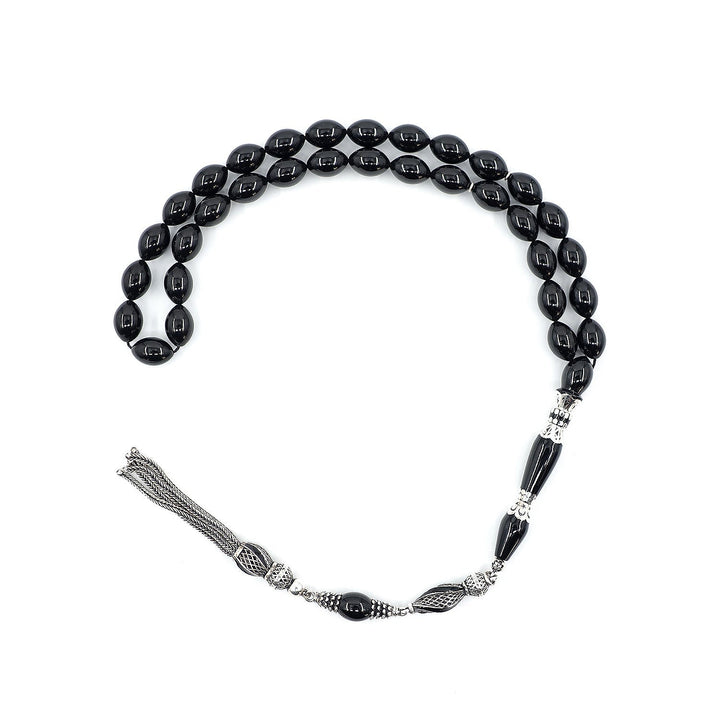 Premium Oltu Stone Tasbeeh Featuring Oval Cut Beads & Silver-Engraved Tassel – WATD402