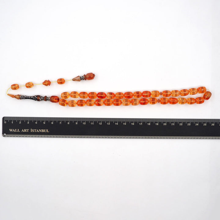 Handcrafted Fire Amber Tasbeeh (New Material) with Silver Engraved Nakkash Imam Bead – WATD403
