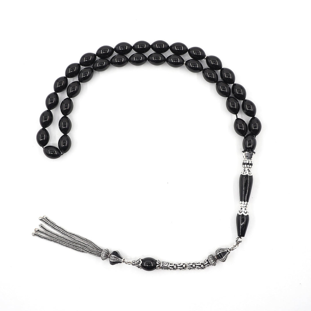 Premium Oltu Stone Tasbeeh Featuring Oval Cut Beads & Silver-Engraved Tassel – WATD407