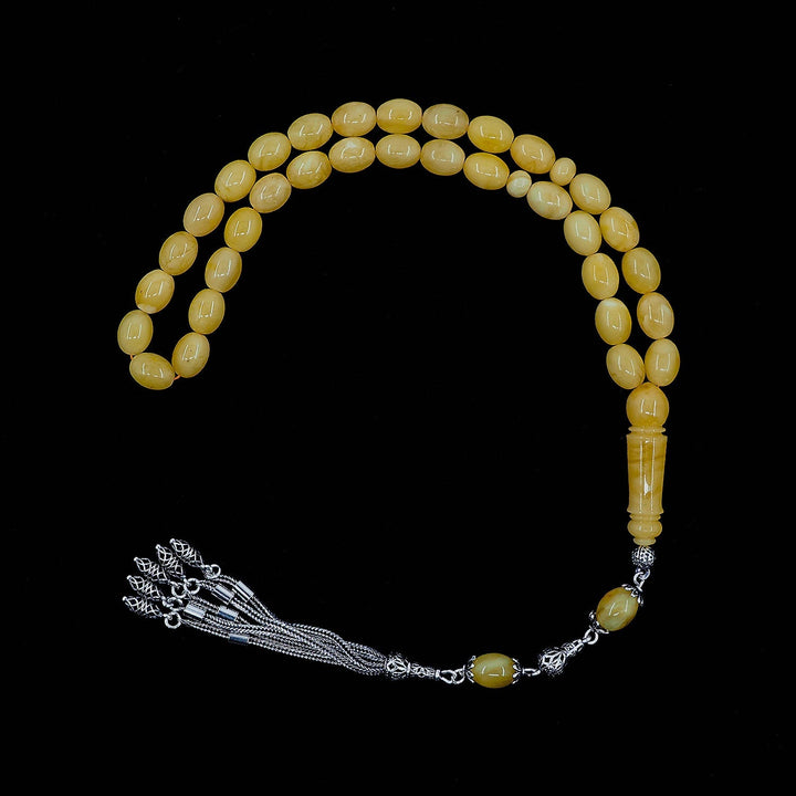 Premium Natural Baltic Amber Capsule Cut Silver Tassel Tasbeeh - WATD453