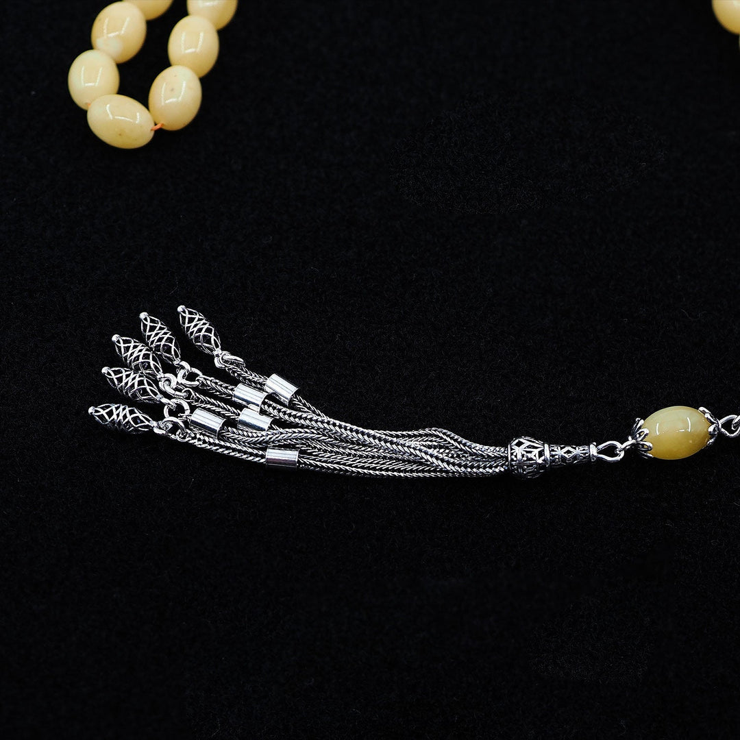 Premium Natural Baltic Amber Capsule Cut Silver Tassel Tasbeeh - WATD453