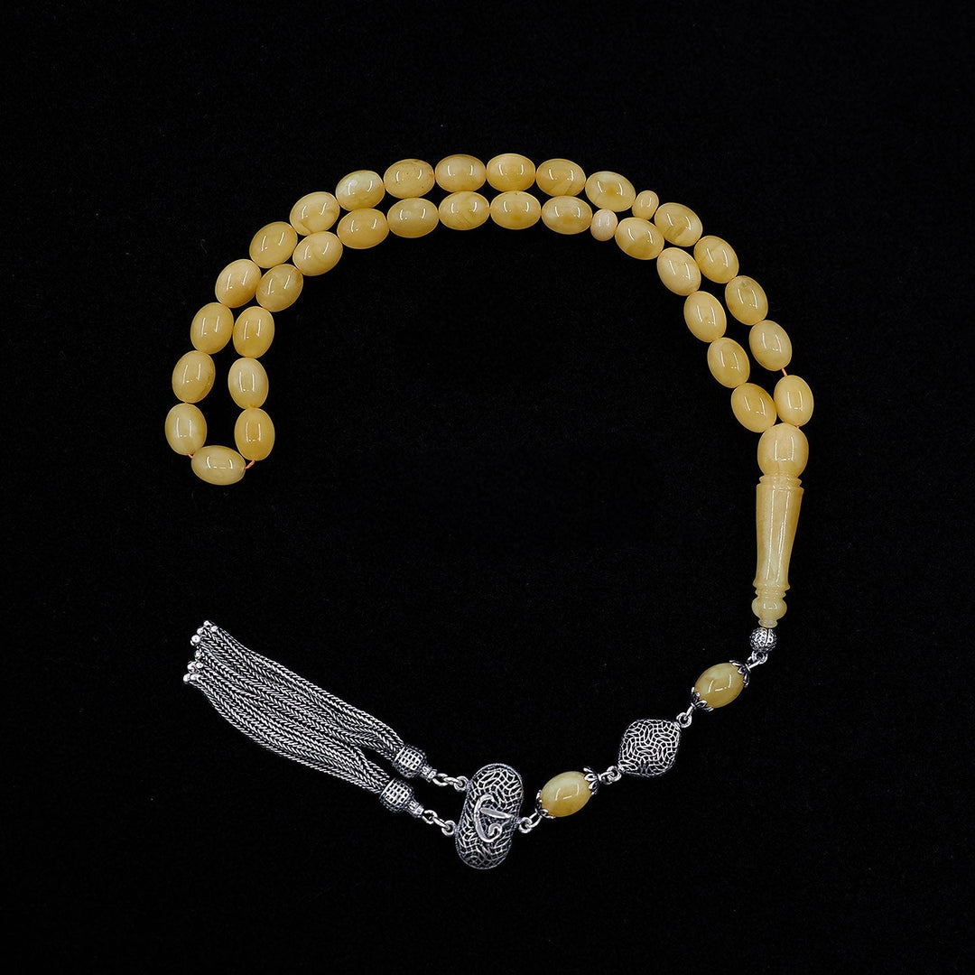 Premium Natural Baltic Amber Capsule Cut Silver Tassel Tasbeeh - WATD462