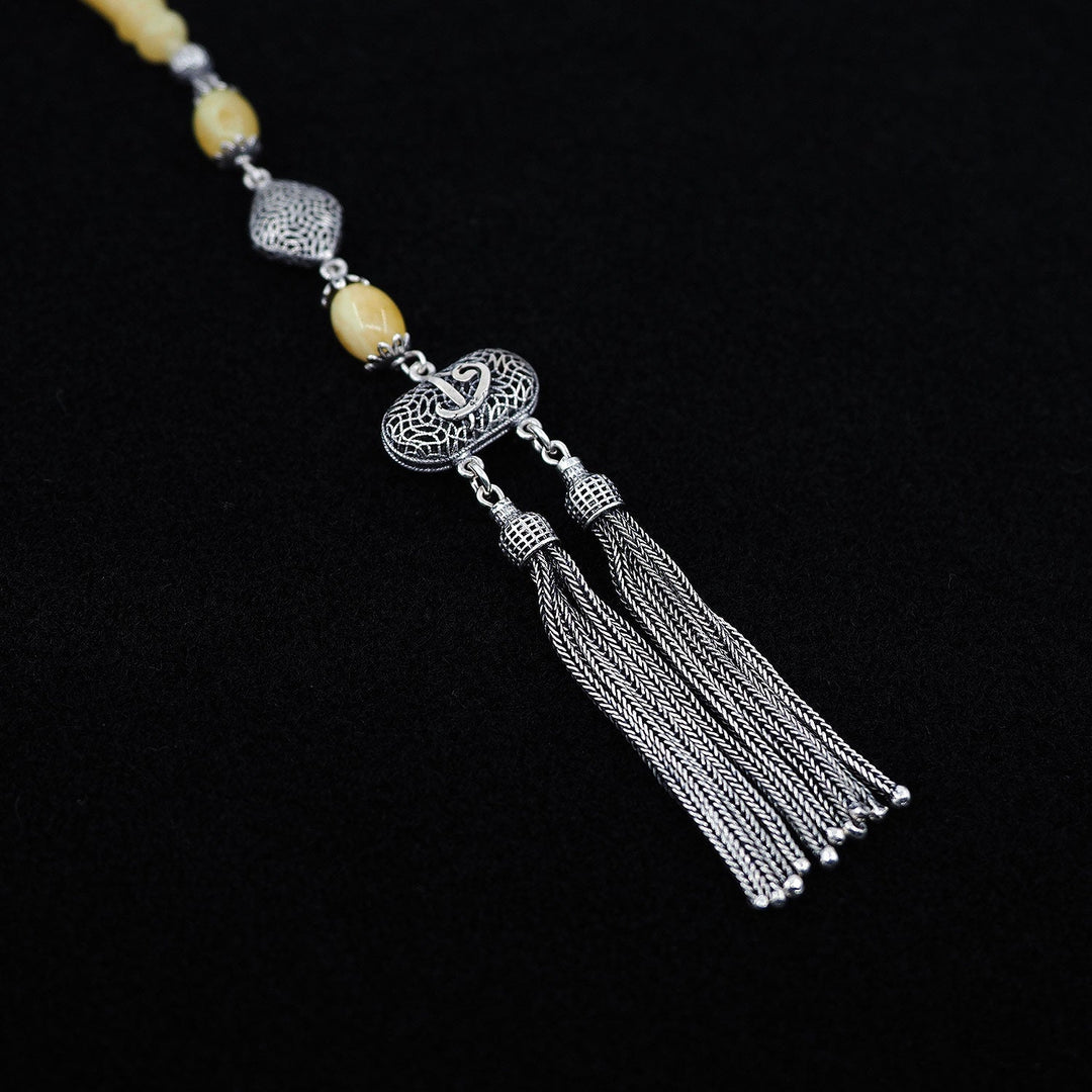 Premium Natural Baltic Amber Capsule Cut Silver Tassel Tasbeeh - WATD462