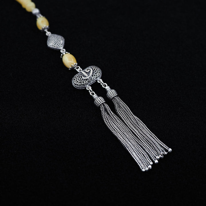 Premium Natural Baltic Amber Capsule Cut Silver Tassel Tasbeeh - WATD462