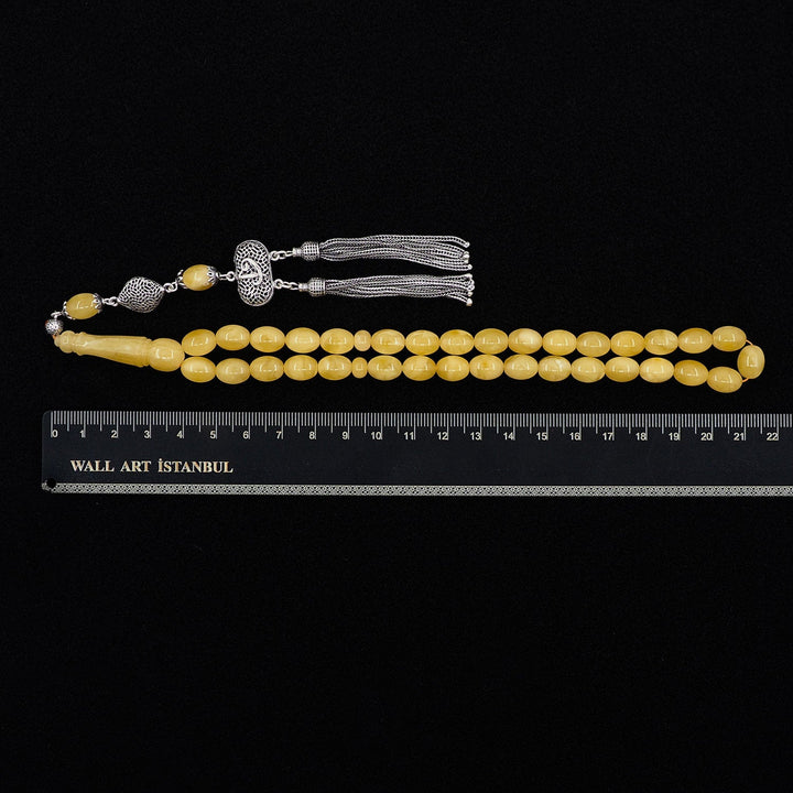 Premium Natural Baltic Amber Capsule Cut Silver Tassel Tasbeeh - WATD462
