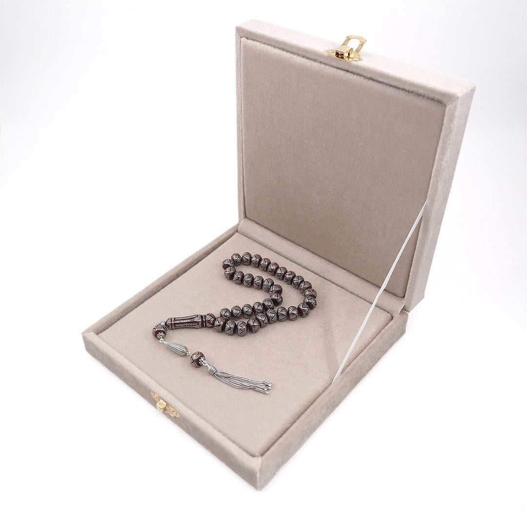 Master Crafted Silver Inlaid Wheel Cut Kuka Wood Tasbeeh (with Silver Tassel & Special Box) - WATD487
