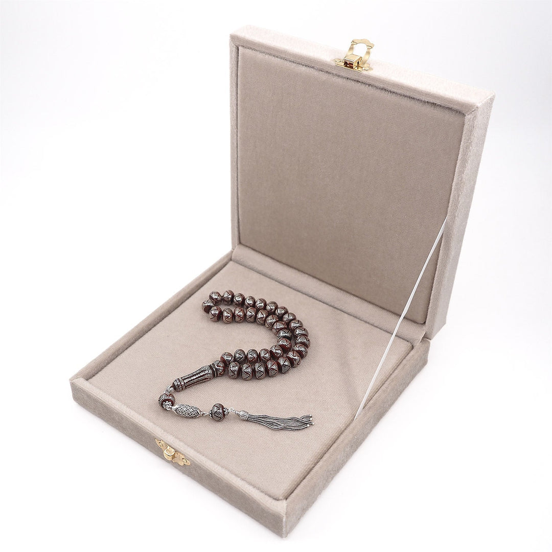 Master Crafted Silver Inlaid Wheel Cut Kuka Wood Tasbeeh (with Silver Tassel & Special Box) - WATD488