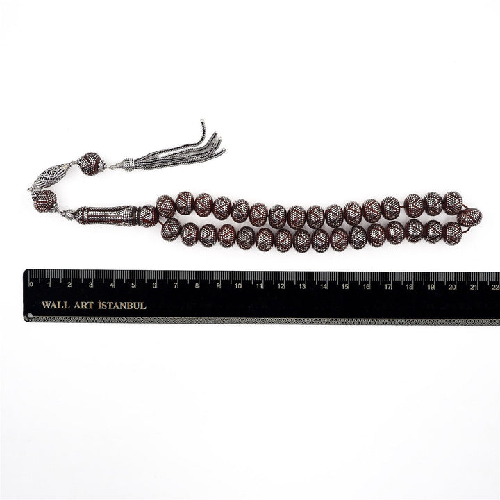 Master Crafted Silver Inlaid Wheel Cut Kuka Wood Tasbeeh (with Silver Tassel & Special Box) - WATD488