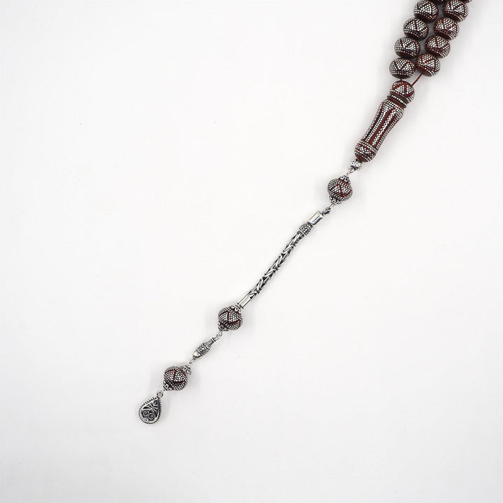 Master Crafted Silver Inlaid Wheel Cut Kuka Wood Tasbeeh (with Silver Tassel & Special Box) - WATD489
