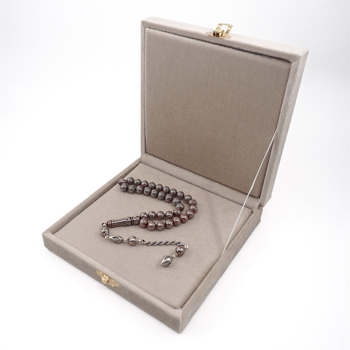 Master Crafted Silver Inlaid Round Cut Kuka Wood Tasbeeh (with Silver Tassel & Special Box) - WATD490