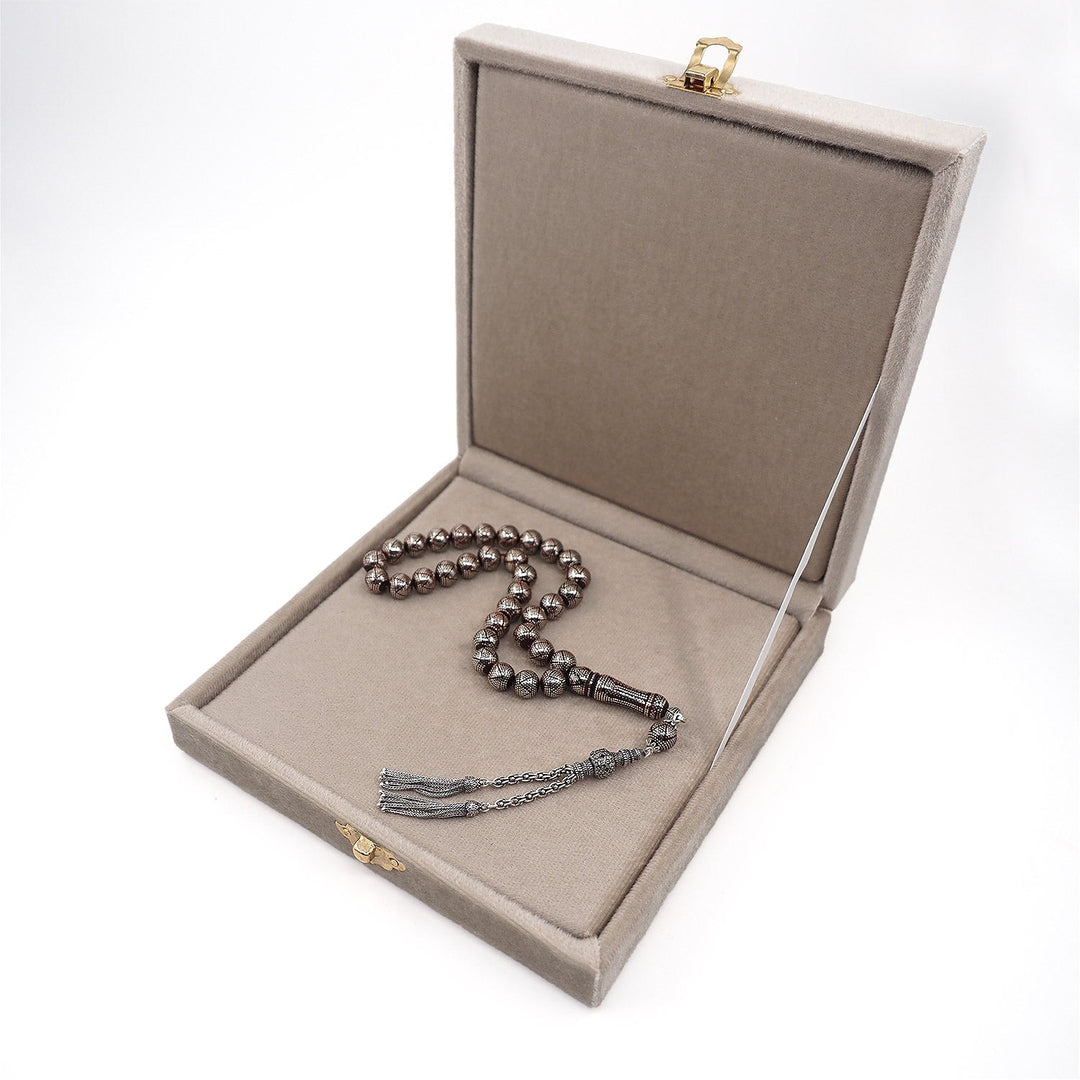 Master Crafted Silver Inlaid Round Cut Kuka Wood Tasbeeh (with Silver Tassel & Special Box) - WATD492