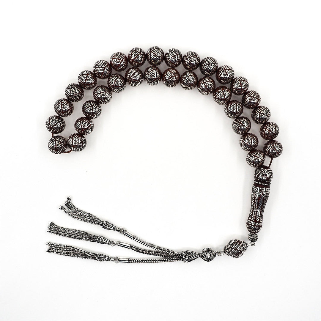 Master Crafted Silver Inlaid Round Cut Kuka Wood Tasbeeh (with Silver Tassel & Special Box) - WATD493