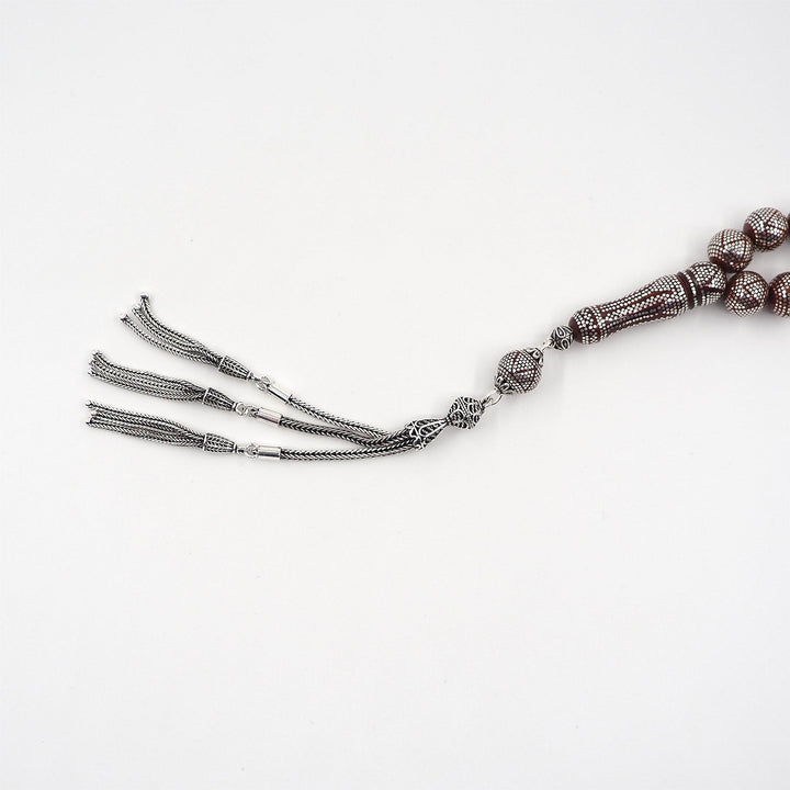 Master Crafted Silver Inlaid Round Cut Kuka Wood Tasbeeh (with Silver Tassel & Special Box) - WATD493