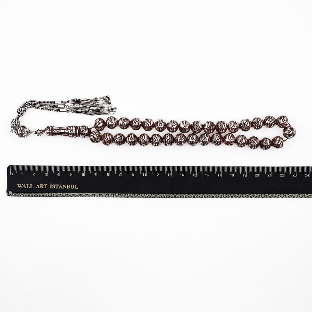 Master Crafted Silver Inlaid Round Cut Kuka Wood Tasbeeh (with Silver Tassel & Special Box) - WATD493