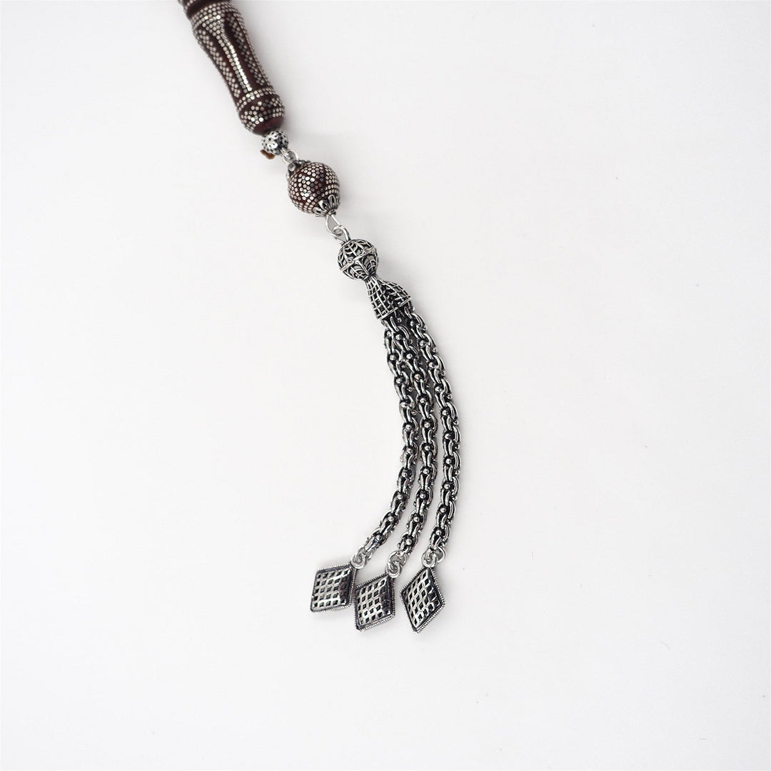 Master Crafted Silver Inlaid Round Cut Kuka Wood Tasbeeh (with Silver Tassel & Special Box) - WATD494