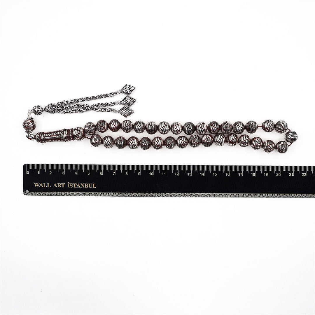 Master Crafted Silver Inlaid Round Cut Kuka Wood Tasbeeh (with Silver Tassel & Special Box) - WATD494