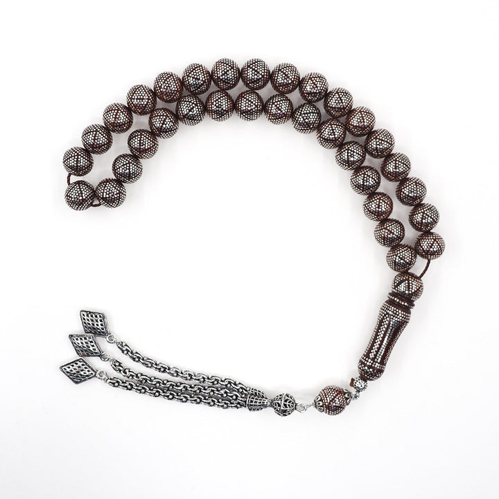 Master Crafted Silver Inlaid Round Cut Kuka Wood Tasbeeh (with Silver Tassel & Special Box) - WATD494