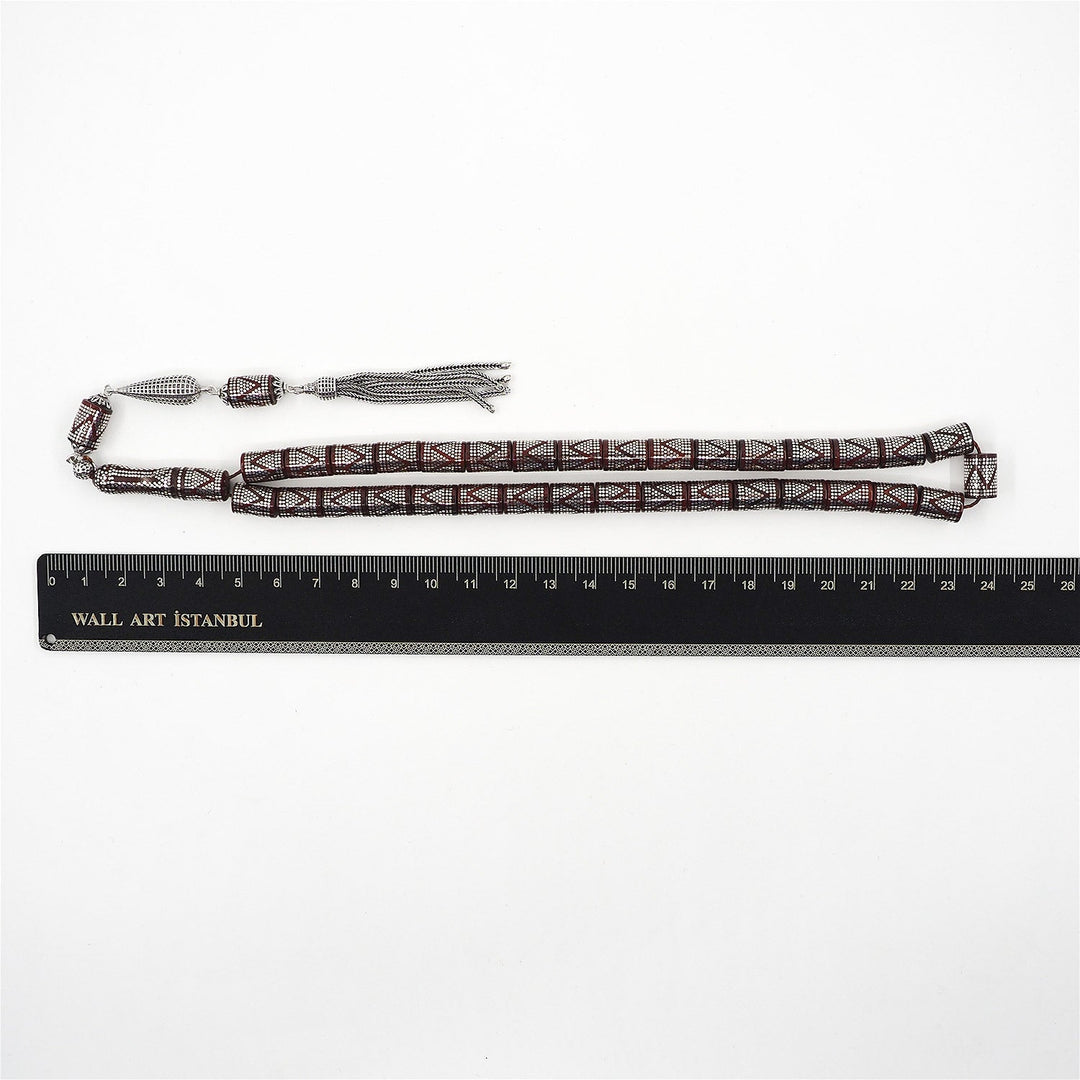 Master Crafted Silver Inlaid Faceted Cut Kuka Wood Tasbeeh (with Silver Tassel & Special Box) - WATD495