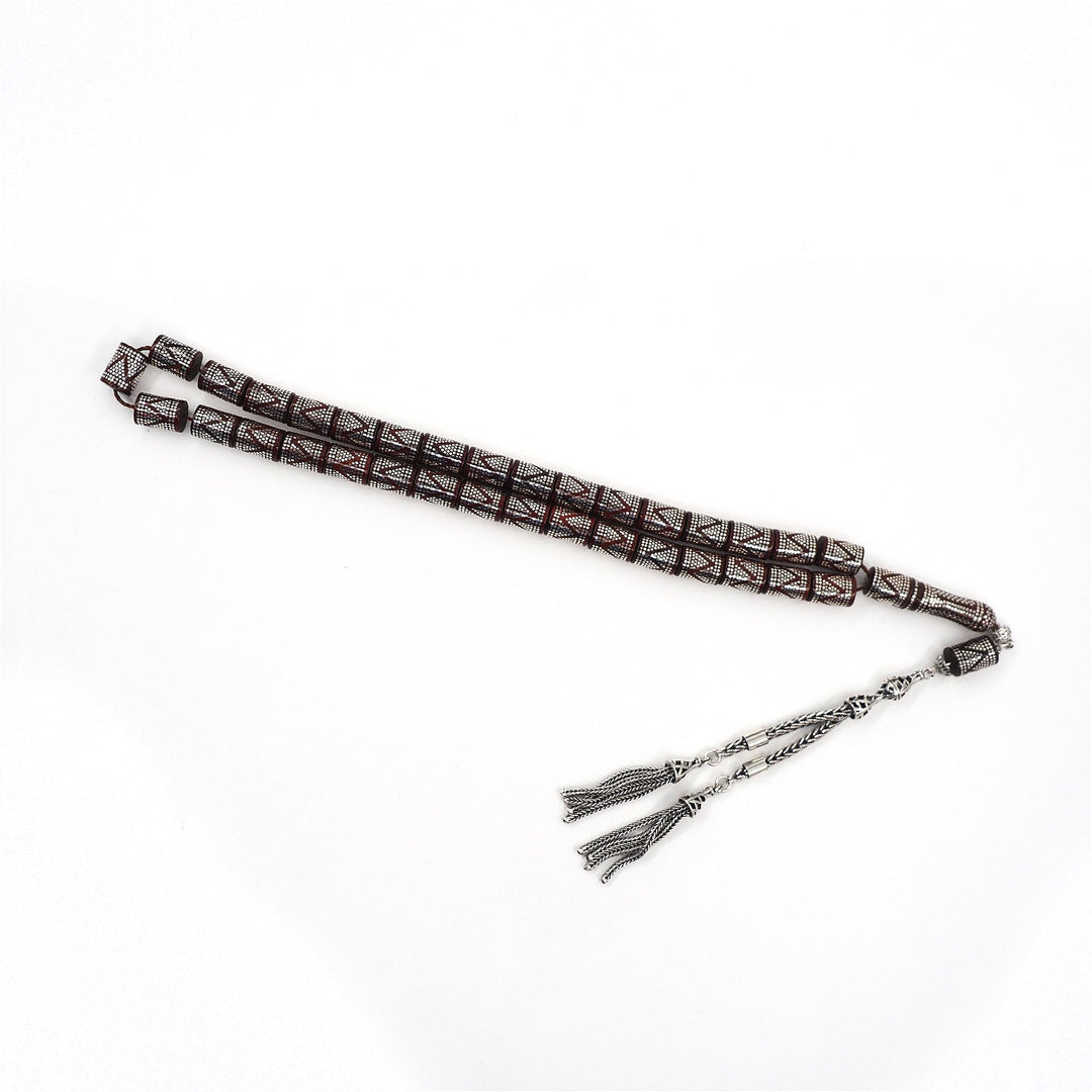 Master Crafted Silver Inlaid Faceted Cut Kuka Wood Tasbeeh (with Silver Tassel & Special Box) - WATD496