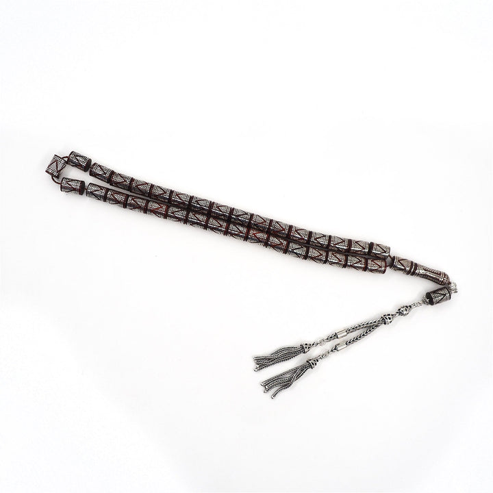 Master Crafted Silver Inlaid Faceted Cut Kuka Wood Tasbeeh (with Silver Tassel & Special Box) - WATD496