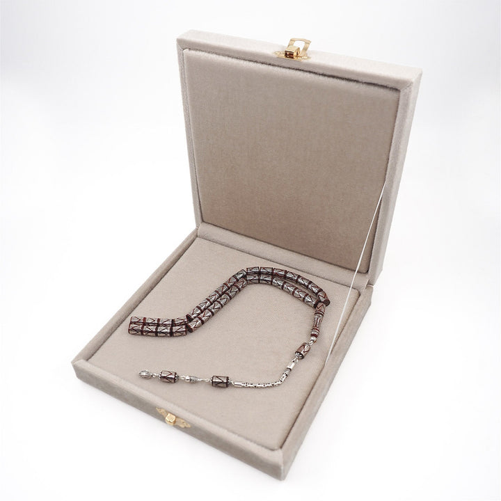 Master Crafted Silver Inlaid Faceted Cut Kuka Wood Tasbeeh (with Silver Tassel & Special Box) - WATD497
