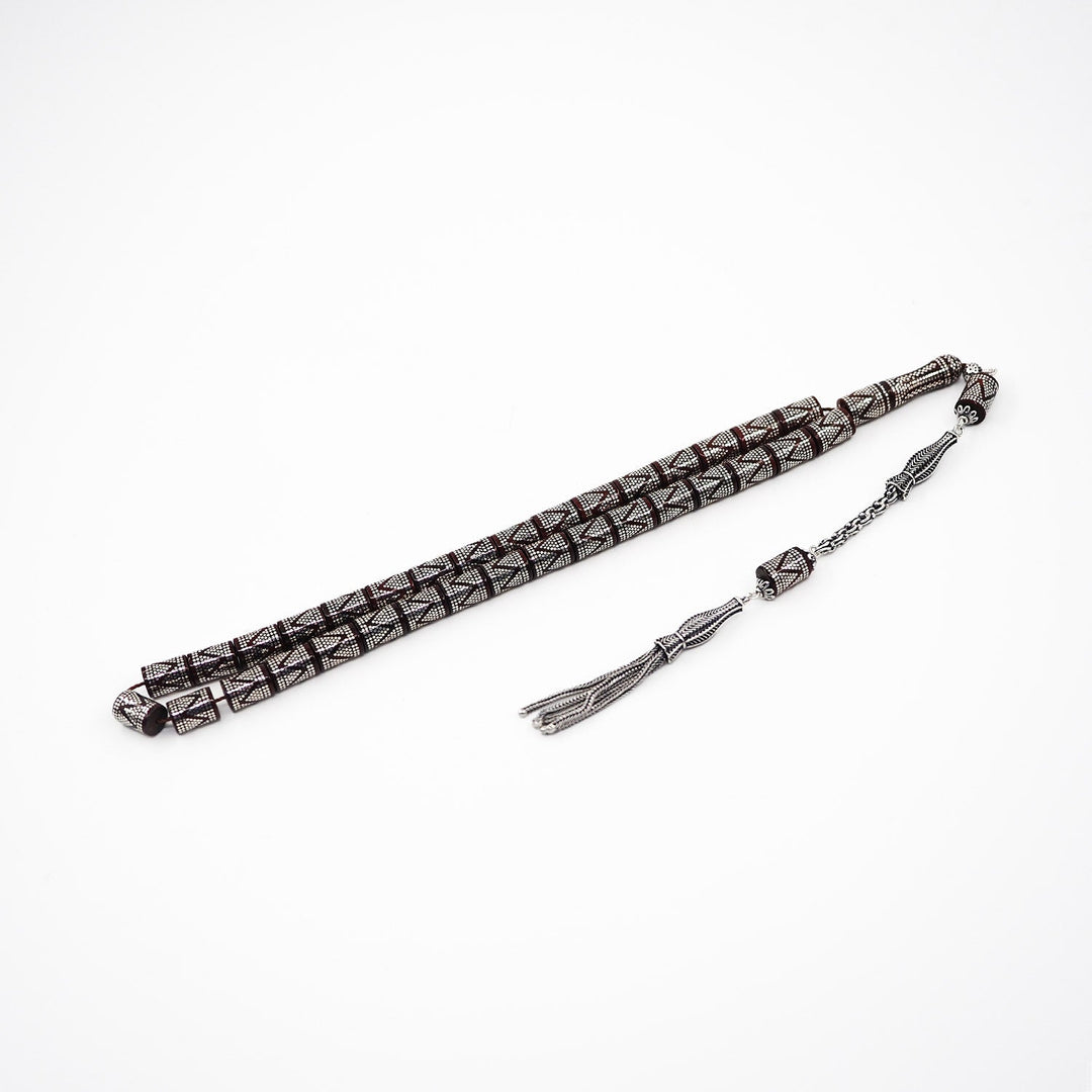 Master Crafted Silver Inlaid Faceted Cut Kuka Wood Tasbeeh (with Silver Tassel & Special Box) - WATD498