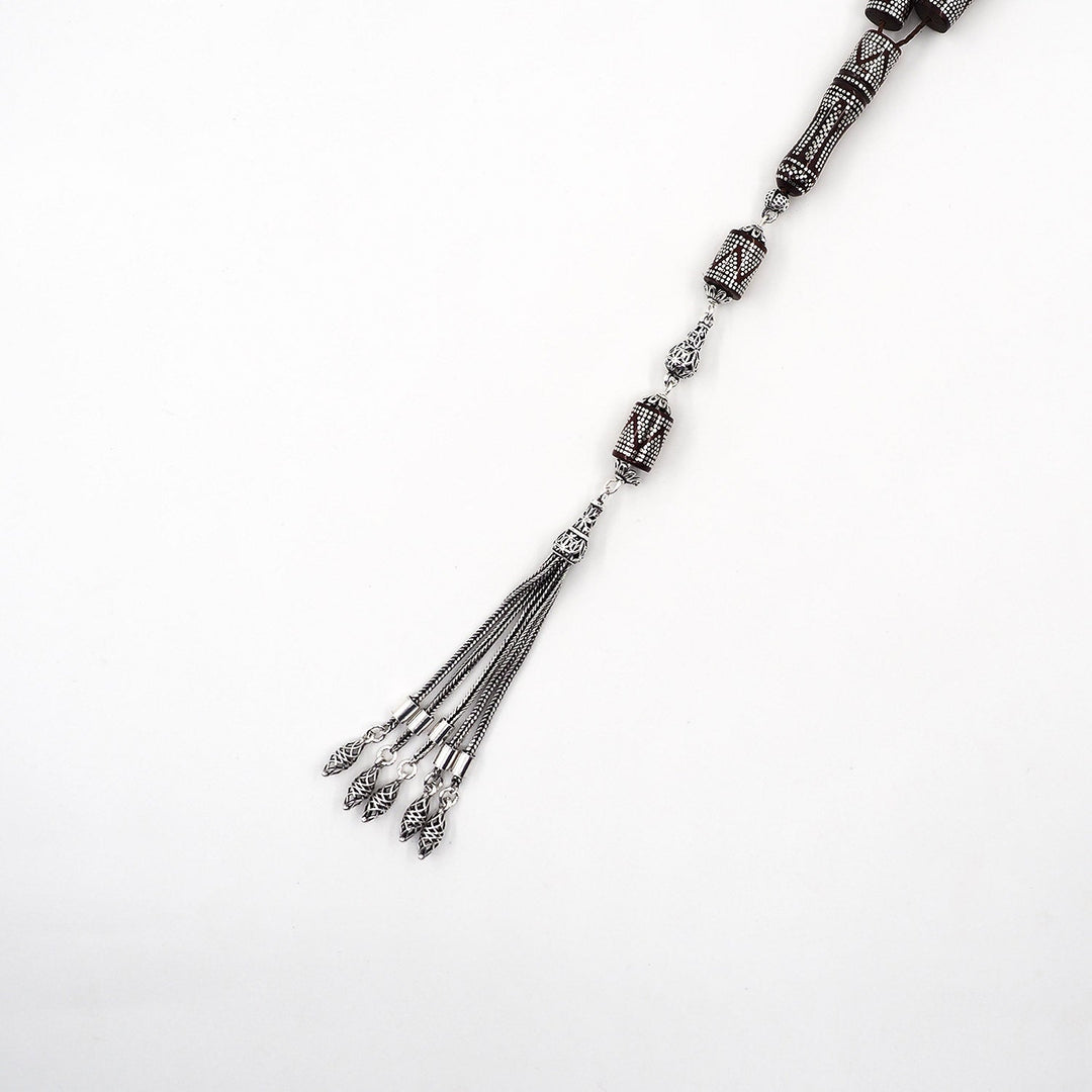 Master Crafted Silver Inlaid Faceted Cut Kuka Wood Tasbeeh (with Silver Tassel & Special Box) - WATD499