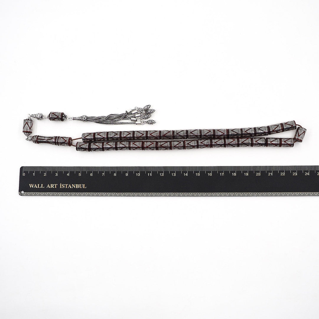 Master Crafted Silver Inlaid Faceted Cut Kuka Wood Tasbeeh (with Silver Tassel & Special Box) - WATD499