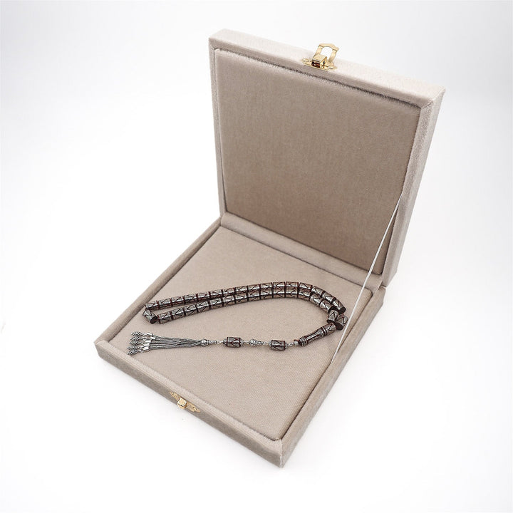 Master Crafted Silver Inlaid Faceted Cut Kuka Wood Tasbeeh (with Silver Tassel & Special Box) - WATD499
