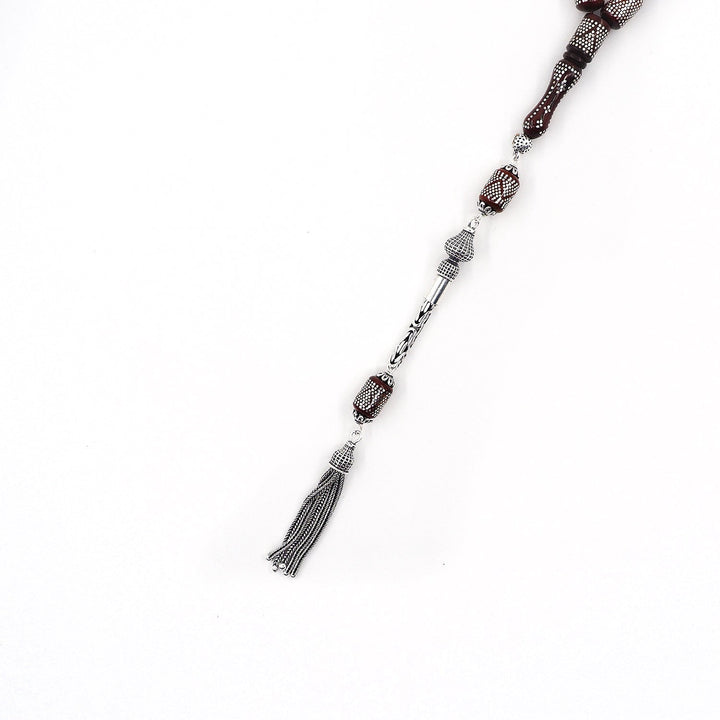 Silver Inlaid Capsule Cut Kuka Wood Tasbeeh (with Silver Tassel & Special Box) - WATD500