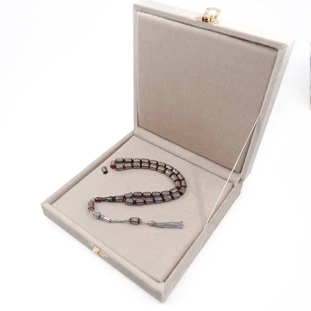 Silver Inlaid Capsule Cut Kuka Wood Tasbeeh (with Silver Tassel & Special Box) - WATD500