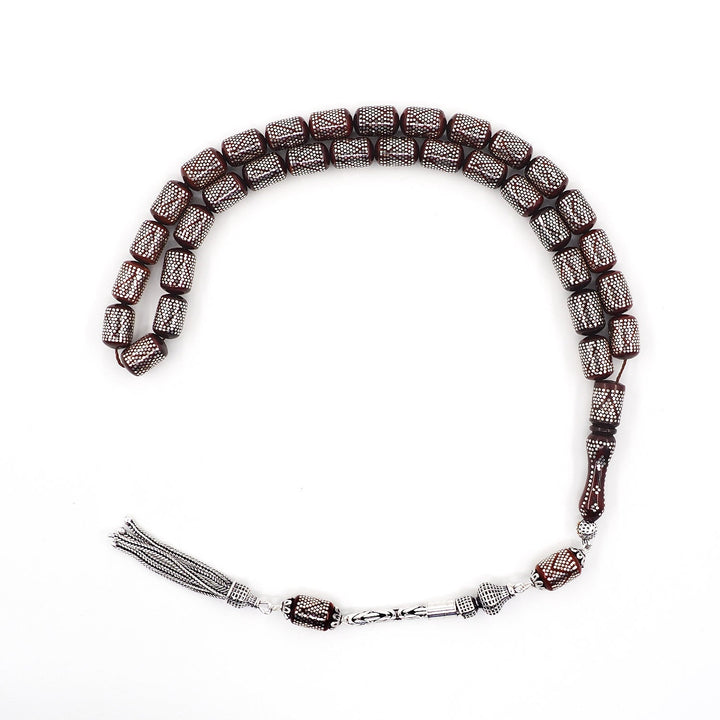 Silver Inlaid Capsule Cut Kuka Wood Tasbeeh (with Silver Tassel & Special Box) - WATD500